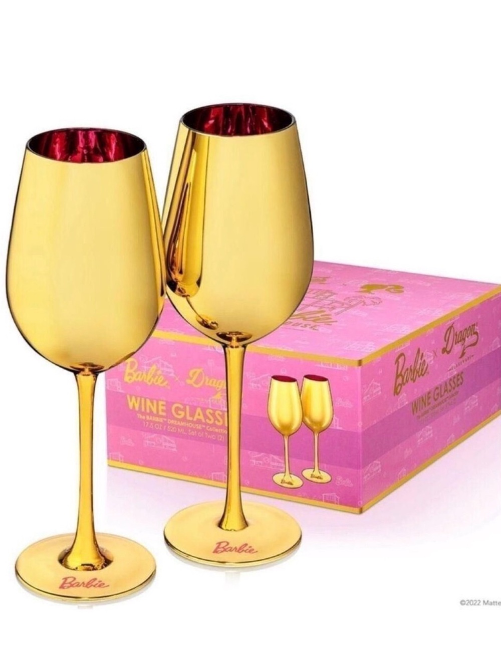 Barbie Gold Wine Glasses with Pink Interior - Set of 2